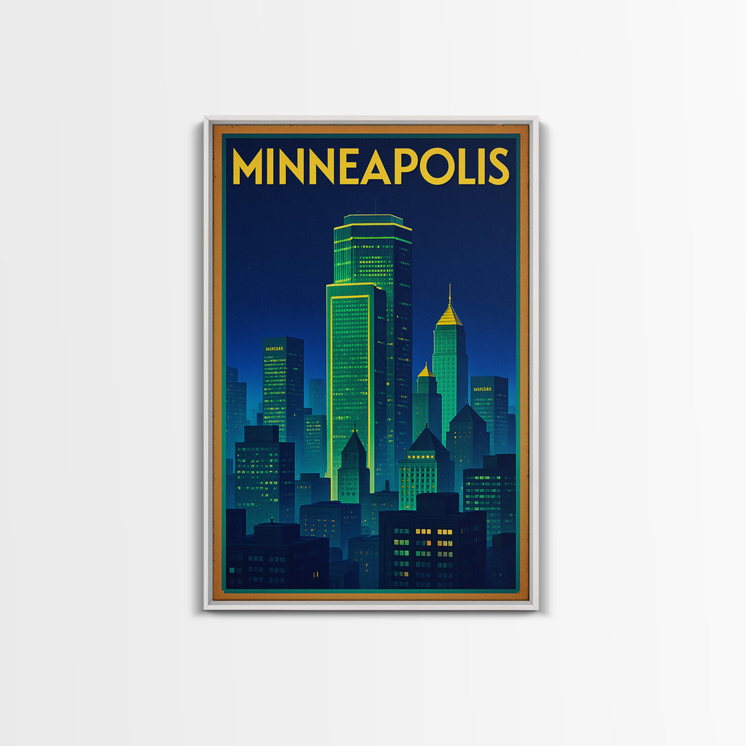 Minneapolis Travel Poster, Framed Canvas Print, Neon Skyline Wall Art, Minneapolis Travel Art, Travel Poster Art, Travel Wall Art