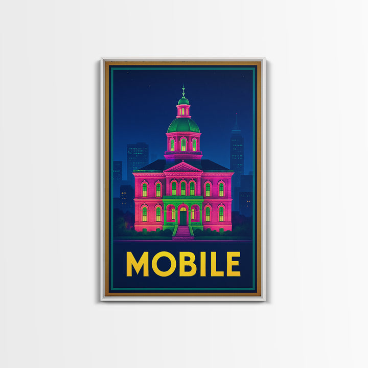 Mobile Alabama Travel Poster, Canvas Print, Retro Neon Travel Art, Mobile Wall Art, Watercolor Skyline, City Illustration, Travel Wall Decor