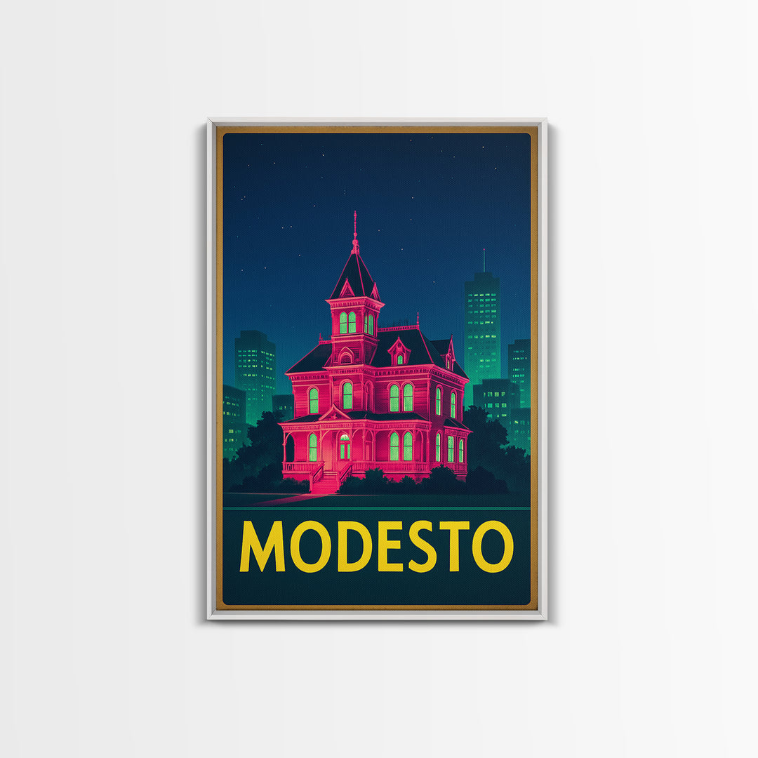 Modesto California Travel Poster, Framed Canvas Print, Cyberpunk Style City Art, Modesto Travel Art, Travel Wall Decor, Wanderlust Decor