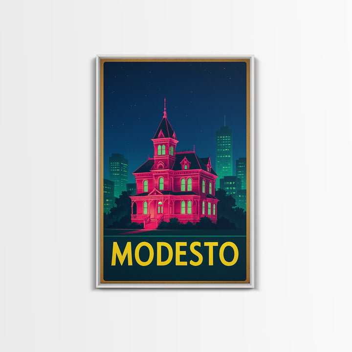 Modesto California Travel Poster, Framed Canvas Print, Cyberpunk Style City Art, Modesto Travel Art, Travel Wall Decor, Wanderlust Decor