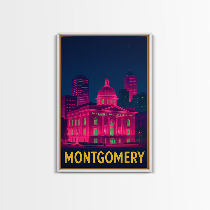 Montgomery Alabama Travel Poster, Canvas Print, Neon Urban Skyline Wall Art, Montgomery Wall Art, Gift For Travelers, Vintage City Art