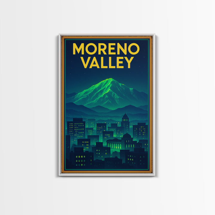 Moreno Valley Travel Poster, Canvas Print, Neon Downtown Skyline Wall Art, Moreno Valley City Art, Vintage Travel Print, Fine Art Print