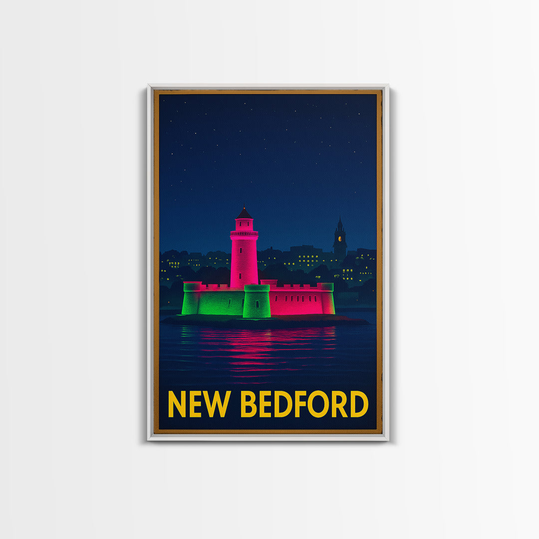New Bedford Massachusetts Travel Poster, Canvas Print, Neon Downtown Skyline Wall Art, New Bedford Art Print, Wanderlust Decor, Wall Decor