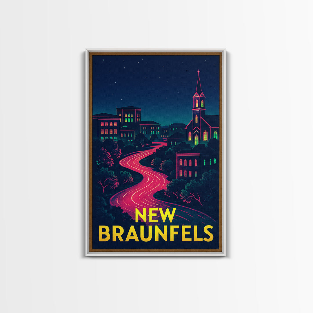 New Braunfels Texas Travel Poster, Canvas Print, Electric Night Poster Art, New Braunfels Travel Art, Travel Wall Decor, City Art Print