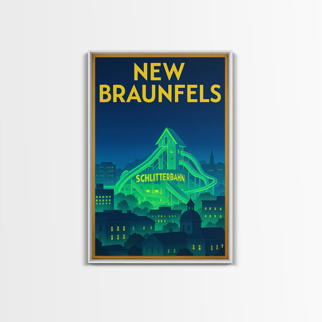 New Braunfels Travel Poster, Canvas Print, Electric Night Poster Art, New Braunfels City Art, Travel Art Print, Watercolor Urban Skyline