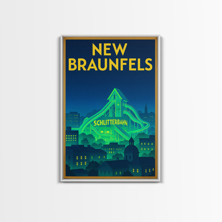 New Braunfels Travel Poster, Canvas Print, Electric Night Poster Art, New Braunfels City Art, Travel Art Print, Watercolor Urban Skyline