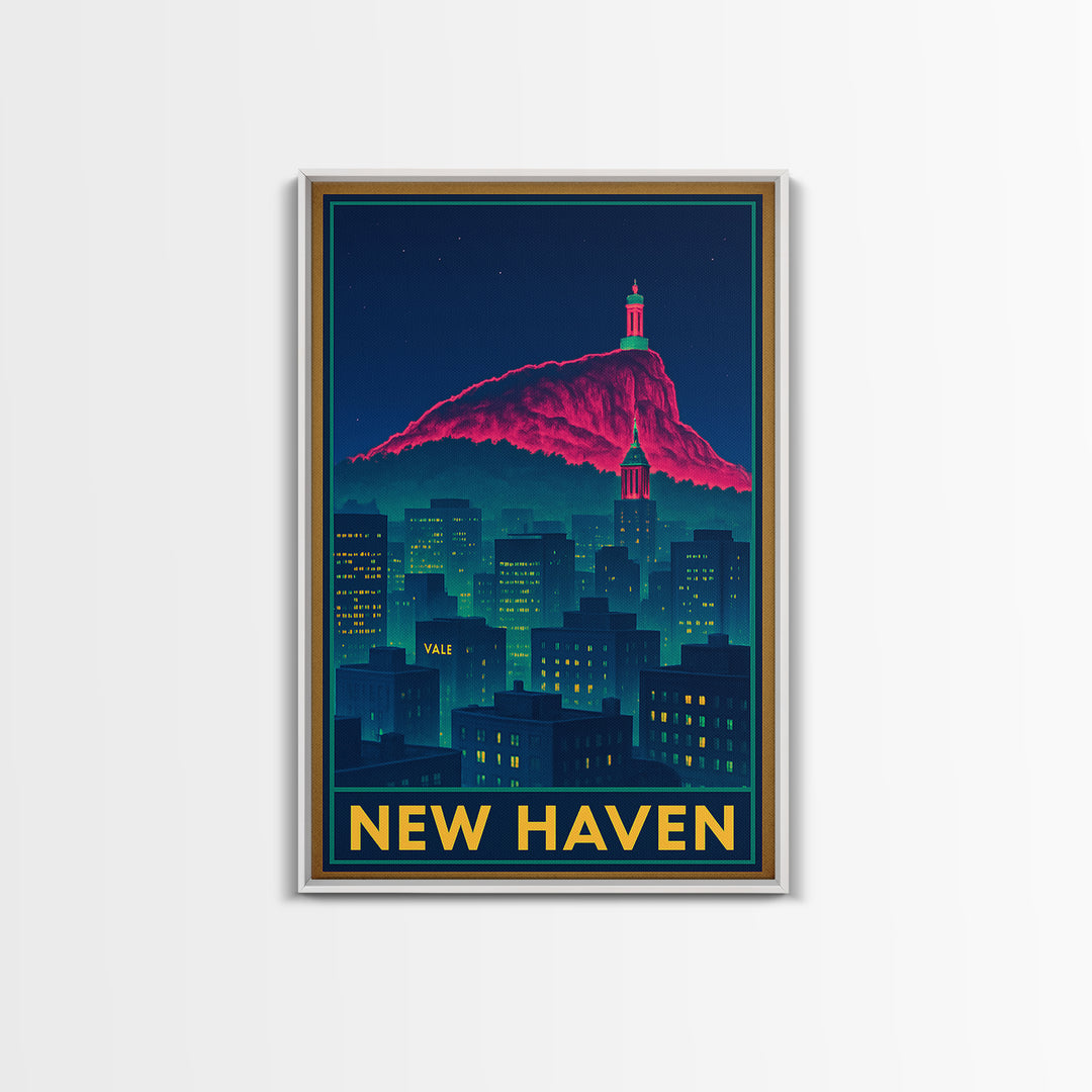 New Haven Connecticut Travel Poster, Framed Canvas Print, Cyberpunk Style City Art, New Haven Wall Art, Vintage Travel Print, Fine Art Print