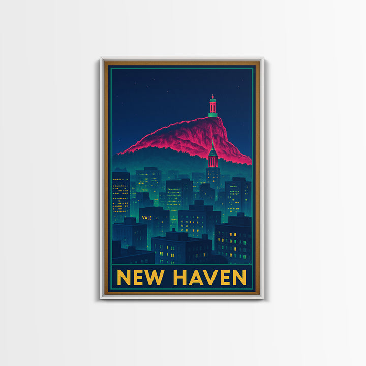New Haven Connecticut Travel Poster, Framed Canvas Print, Cyberpunk Style City Art, New Haven Wall Art, Vintage Travel Print, Fine Art Print