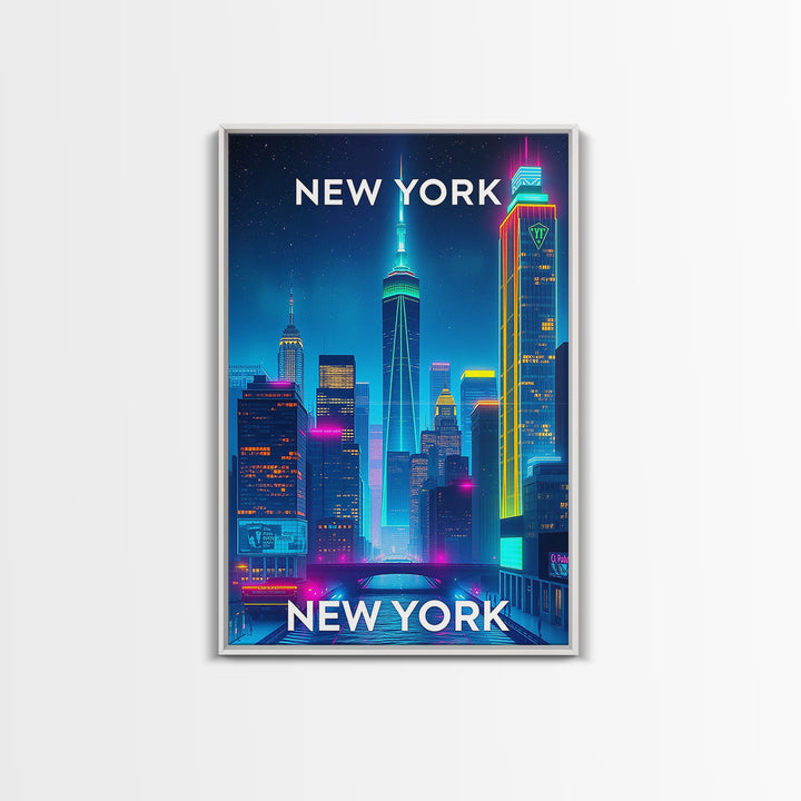 New York City New York Travel Poster, Canvas Print, Neon Skyline Wall Art, New York City Art, City Illustration, Travel Prints, Office Decor