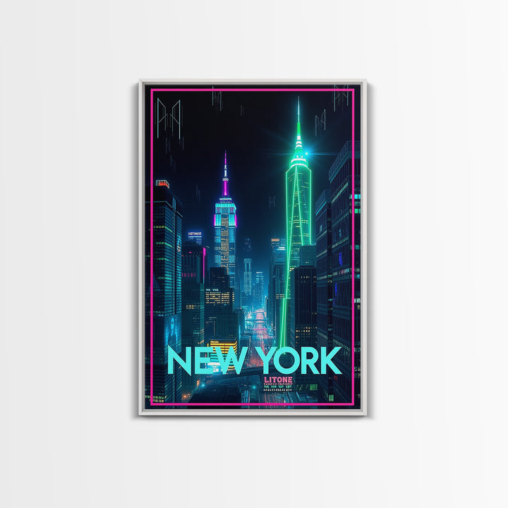 New York Travel Poster, Framed Canvas Print, Electric Night Poster Art, New York Wall Art, Travel Poster Art, Fine Art Print, Design 14