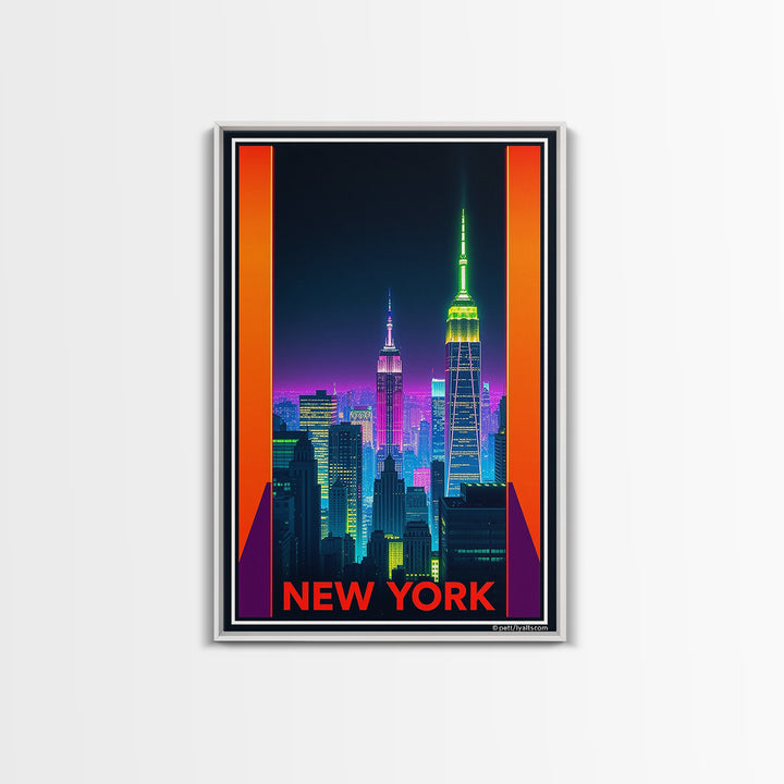 New York Travel Poster, Framed Canvas Print, Neon Skyline Art Wall Art, New York Travel Art, Vintage City Poster, Vintage City Art