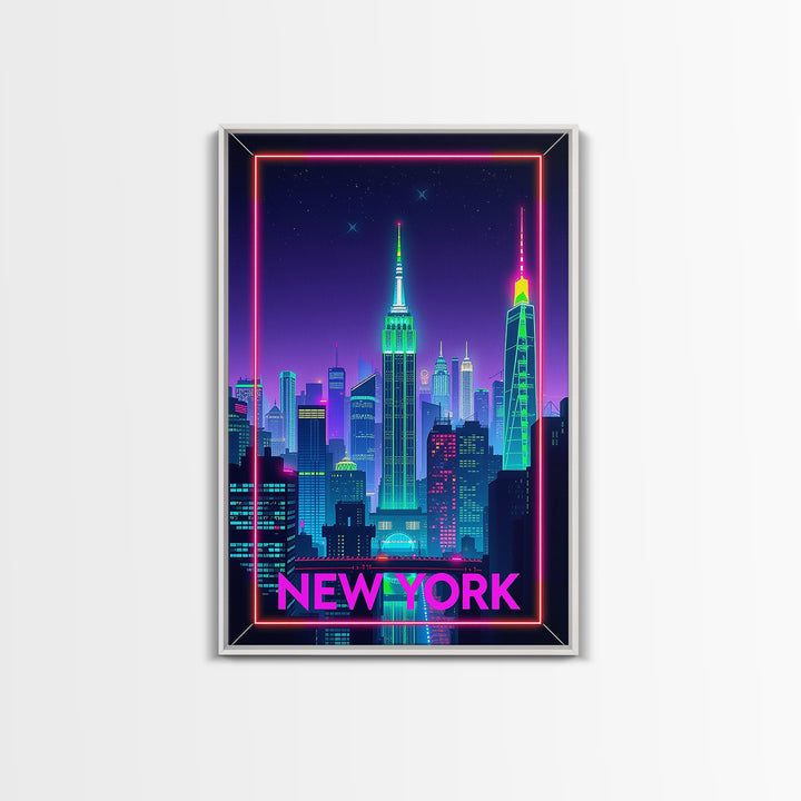 New York Travel Poster, Framed Canvas Print, Electric Night Poster Art, New York Art Print, Living Room Wall Art, Travel Poster Art