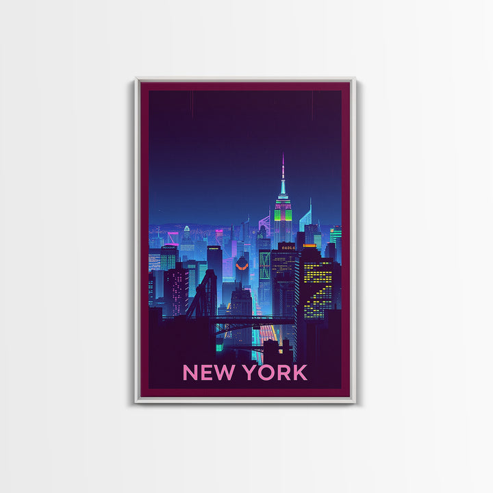 New York Travel Poster, Framed Canvas Print, Retro Neon Travel Art, New York City Art, City Illustration, Travel Poster Art, City Poster