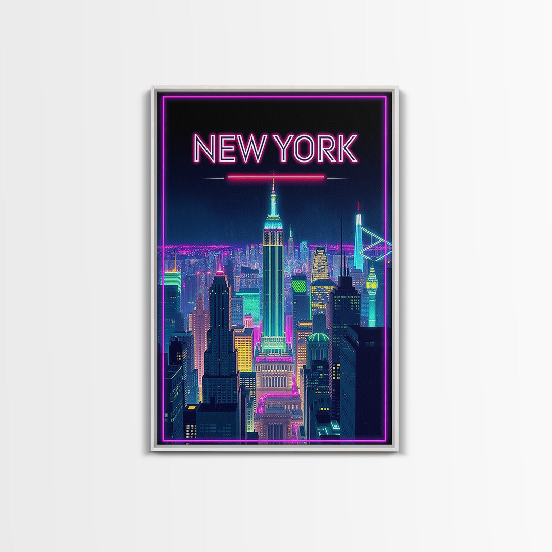 New York Travel Poster, Canvas Print, Retro Neon Travel Art, New York Travel Art, Eclectic Wall Decor, Mid Century Wall Art, Travel Gift