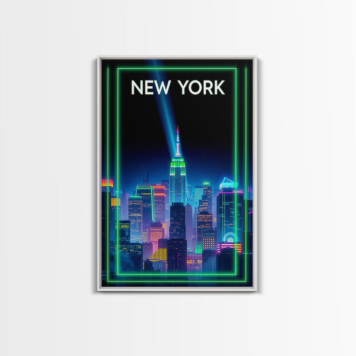 New York Travel Poster, Framed Canvas Print, Retro Neon Travel Art, New York Wall Art, Vintage City Art, Vintage Travel Print, Design 3
