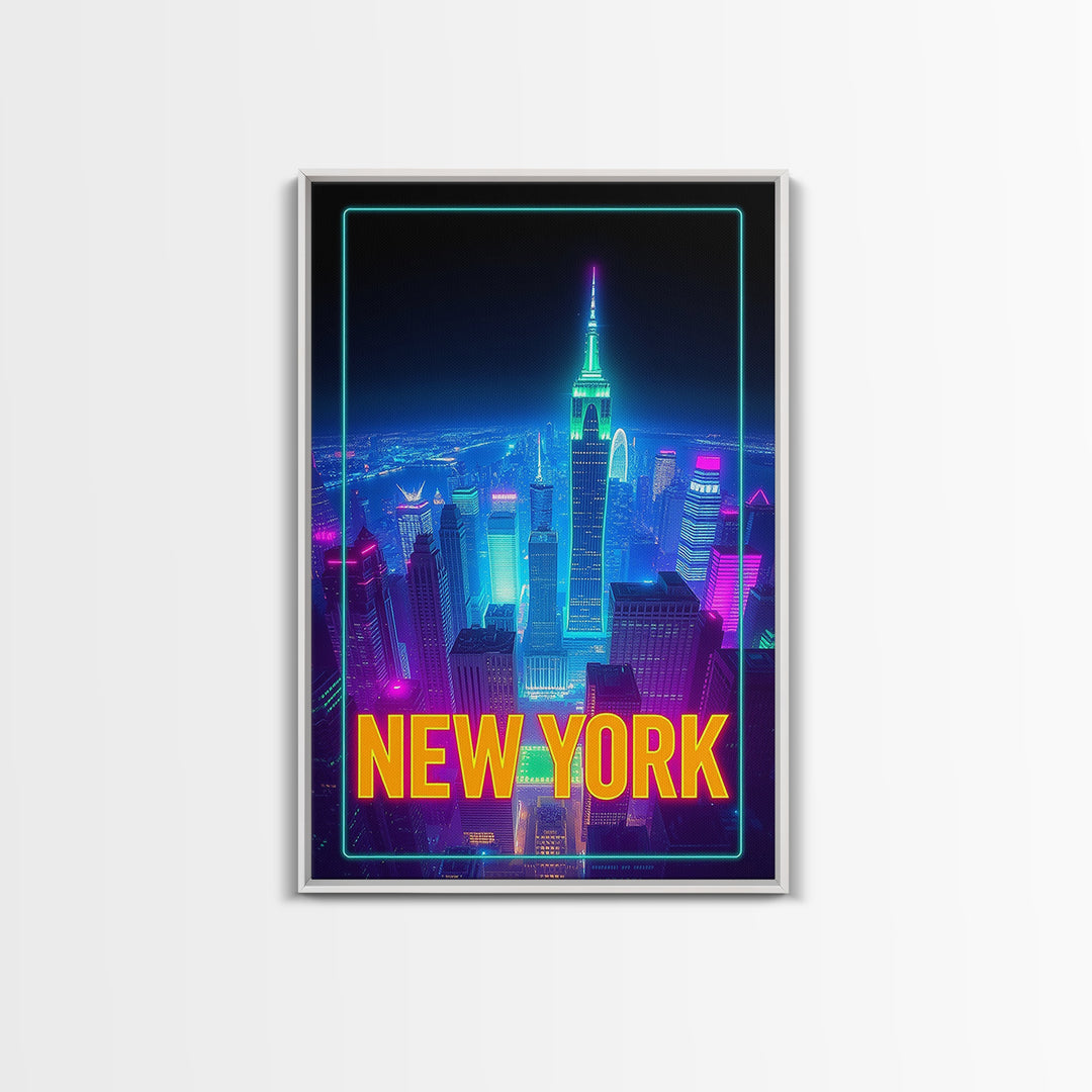 New York Travel Poster, Canvas Print, Neon Cityscape Wall Art, New York Wall Art, City Illustration, Mid Century Wall Art, City Art Print