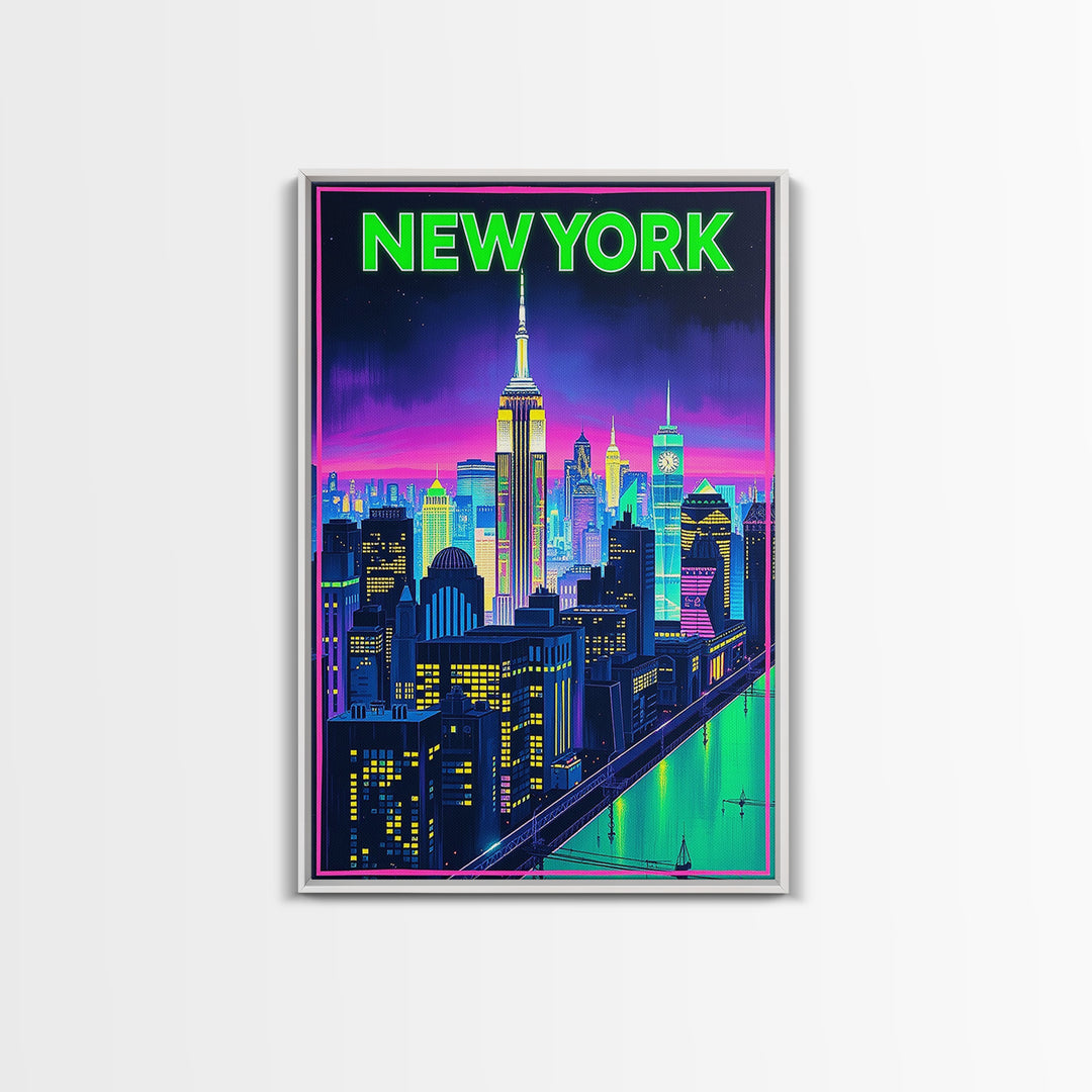 New York Travel Poster, Framed Canvas Print, Retro Neon Travel Art, New York Art Print, City Travel Prints, Fine Art Print, Art Print