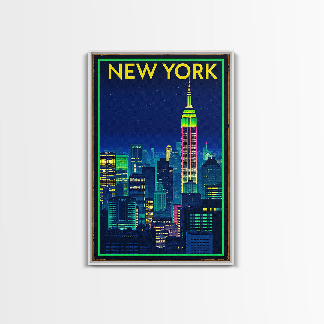 New York Travel Poster, Framed Canvas Print, Neon Downtown Skyline Wall Art, New York Wall Art, Gift For Travelers, Travel Wall Decor