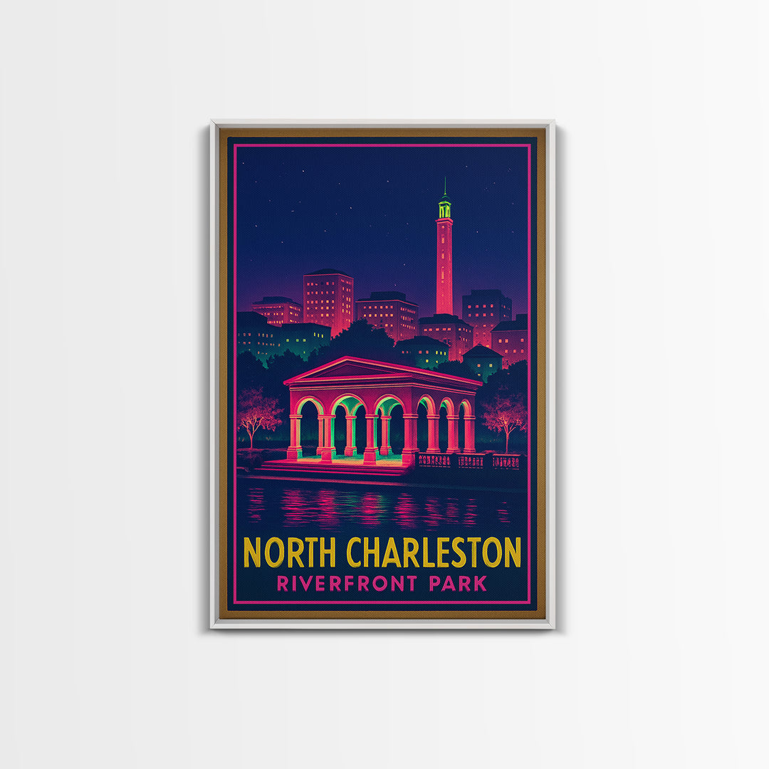 North Charleston South Carolina Travel Poster, Canvas Print, Neon Cityscape Wall Art, North Charleston Poster Print, City Illustration