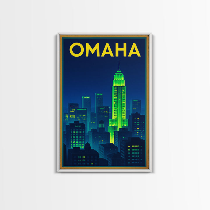 Omaha Travel Poster, Framed Canvas Print, Electric Night Poster Art, Omaha City Art, Travel Wall Decor, Mid Century Wall Art, Art Print