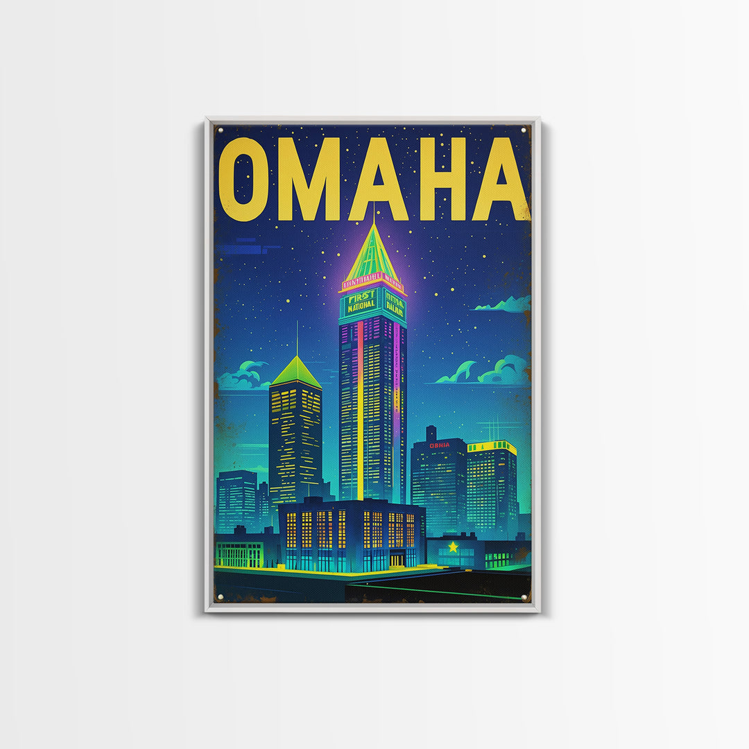 Omaha Travel Poster, Framed Canvas Print, Retro Neon Travel Art, Omaha Travel Art, Eclectic Wall Decor, City Art Print, Fine Art Print
