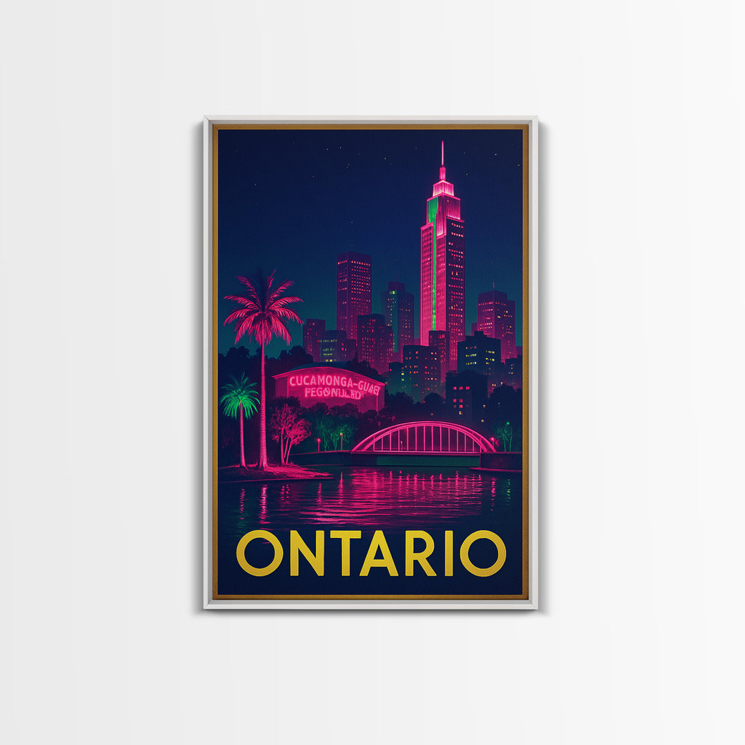 Ontario California Travel Poster, Canvas Print, Neon Urban Skyline Wall Art, Ontario City Art, Office Decor, City Illustration, City Poster