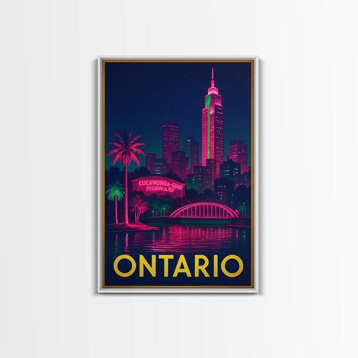 Ontario California Travel Poster, Canvas Print, Neon Urban Skyline Wall Art, Ontario City Art, Office Decor, City Illustration, City Poster