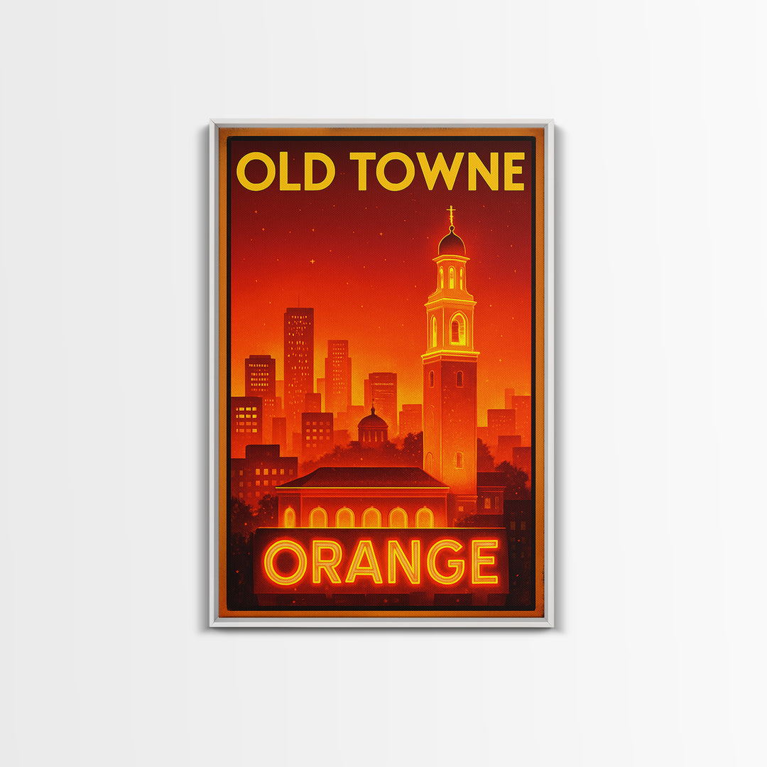 Orange Travel Poster, Framed Canvas Print, Retro Neon Travel Art, Orange Travel Art, Watercolor Downtown Skyline, Travel Poster Set