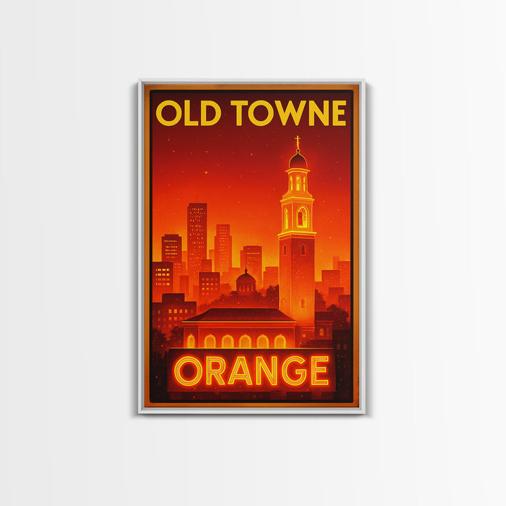 Orange Travel Poster, Framed Canvas Print, Retro Neon Travel Art, Orange Travel Art, Watercolor Downtown Skyline, Travel Poster Set