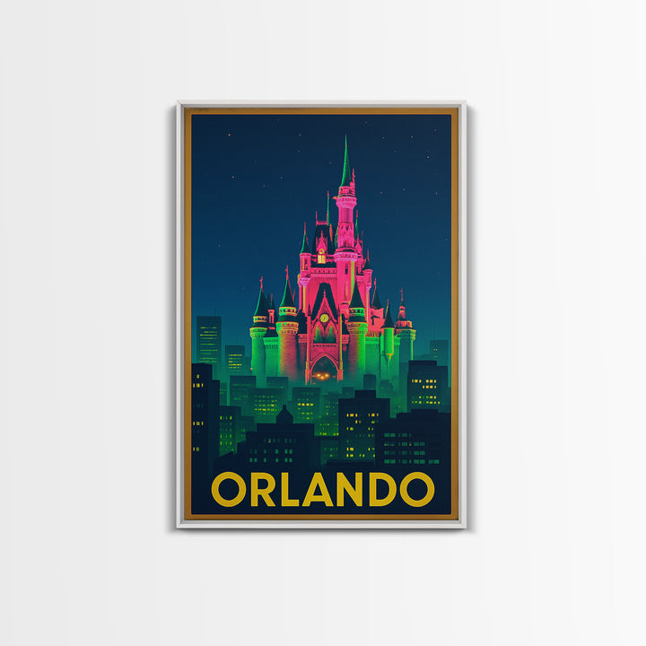 Orlando Florida Travel Poster, Canvas Print, Neon Urban Skyline Wall Art, Orlando Wall Art, Home Office Decor, Retro Travel Print, Art Print