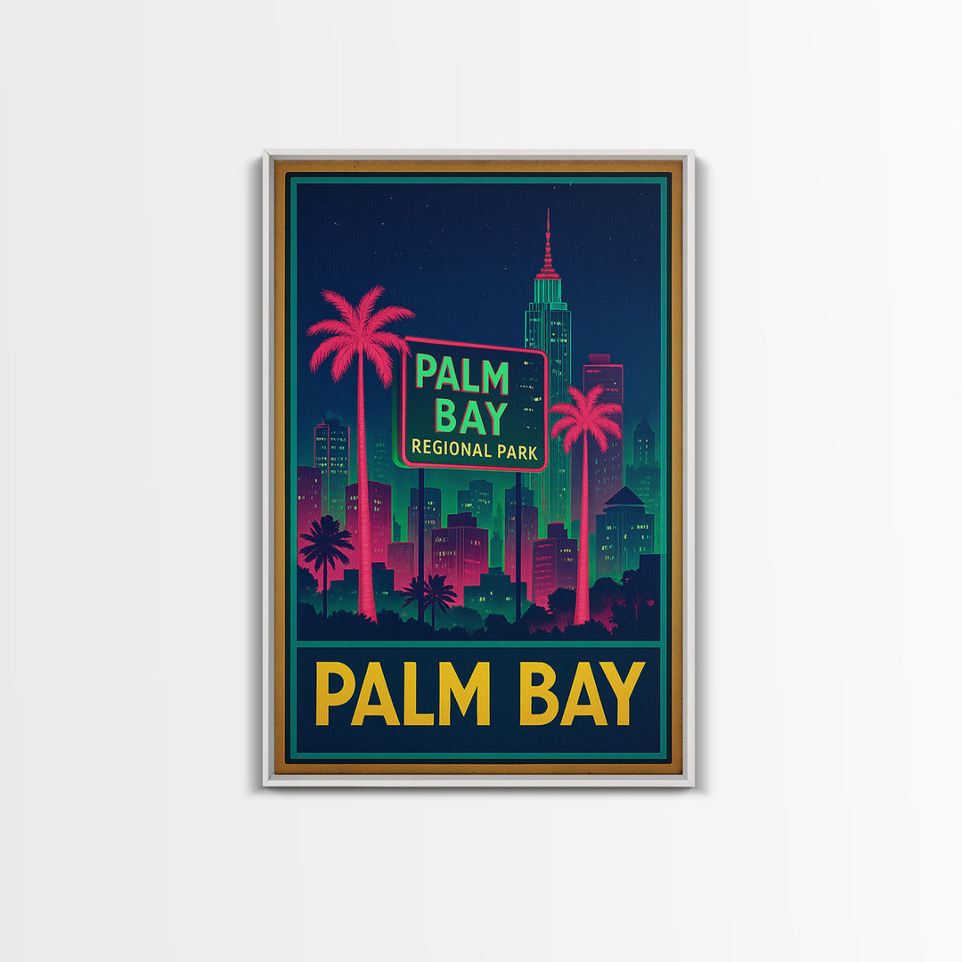 Palm Bay Florida Travel Poster, Framed Canvas Print, Neon Skyline Wall Art, Palm Bay Travel Art, Vintage Travel Art, City Travel Prints