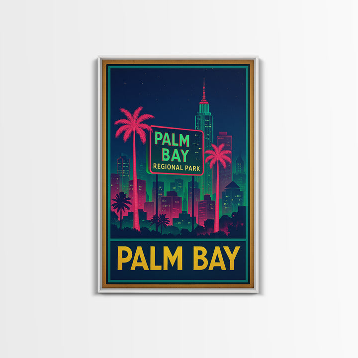 Palm Bay Florida Travel Poster, Framed Canvas Print, Neon Skyline Wall Art, Palm Bay Travel Art, Vintage Travel Art, City Travel Prints