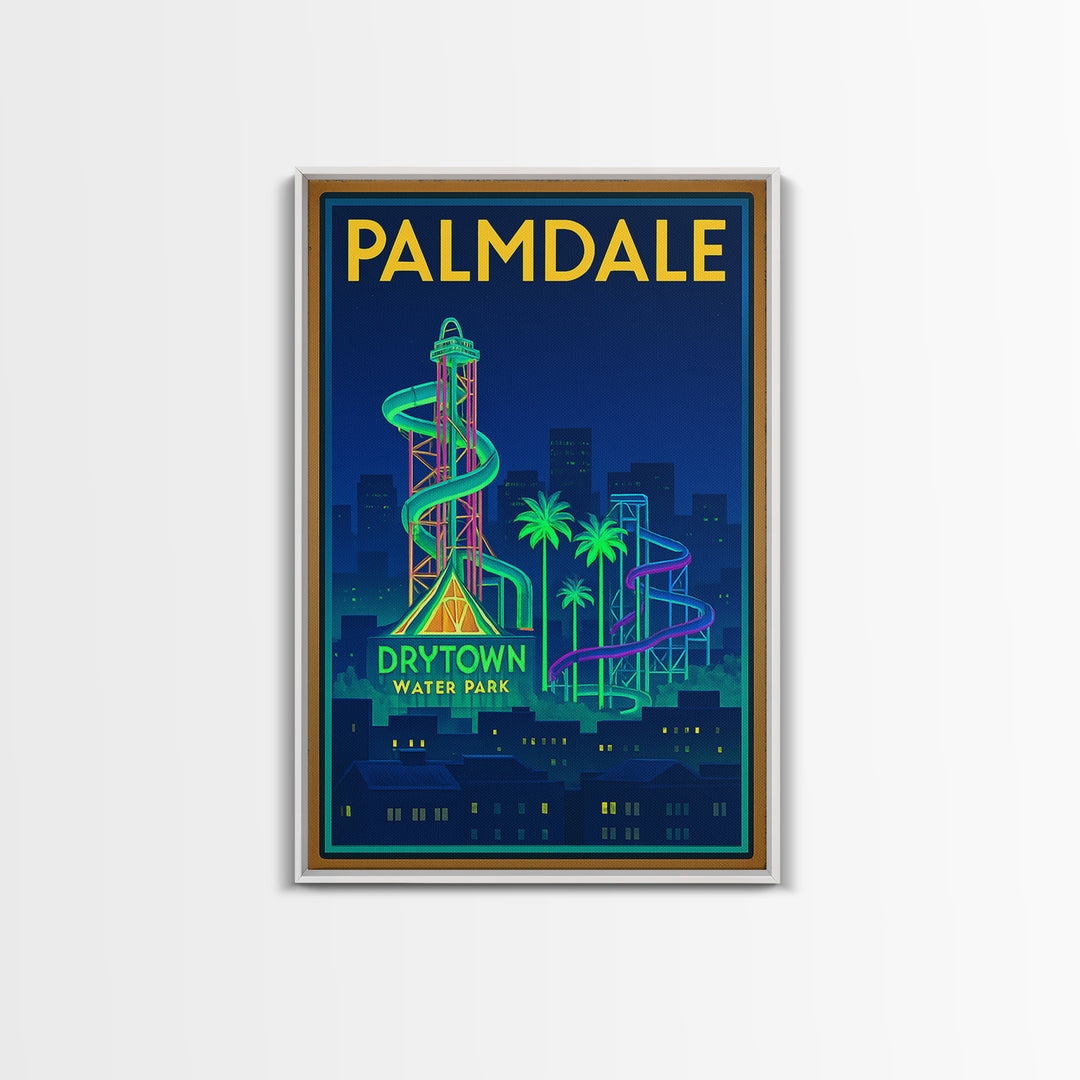 Palmdale Travel Poster, Framed Canvas Print, Neon Skyline Wall Art, Palmdale City Art, Vintage City Art, Mid Century Wall Art