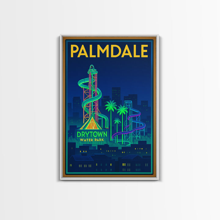 Palmdale Travel Poster, Framed Canvas Print, Neon Skyline Wall Art, Palmdale City Art, Vintage City Art, Mid Century Wall Art