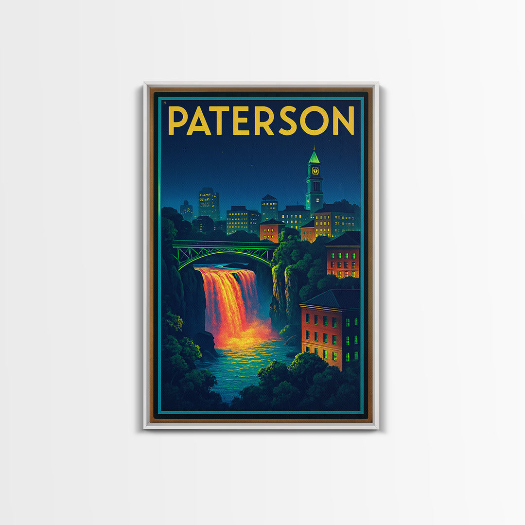 Paterson Travel Poster, Framed Canvas Print, Electric Night Poster Art, Paterson Wall Art, City Travel Prints, Home Office Decor