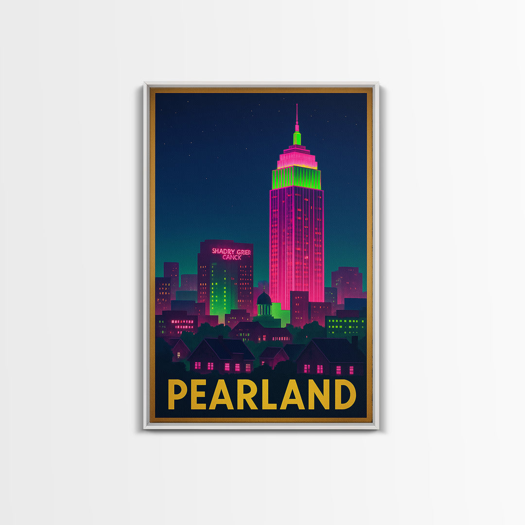 Pearland Texas Travel Poster, Canvas Print, Cyberpunk Style City Art, Pearland Travel Art, Mid Century Wall Art, Retro Travel Print