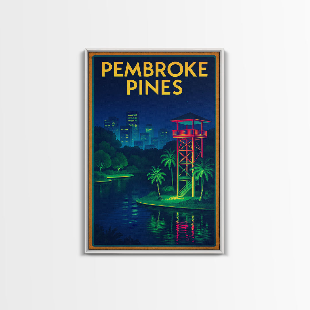 Pembroke Pines Travel Poster, Framed Canvas Print, Electric Night Poster Art, Pembroke Pines City Art, Mid Century Wall Art, Travel Gift
