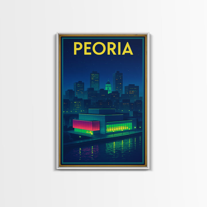 Peoria Travel Poster, Canvas Print, Retro Neon Travel Art, Peoria Art Print, Watercolor Skyline, City Art Print, Living Room Wall Art