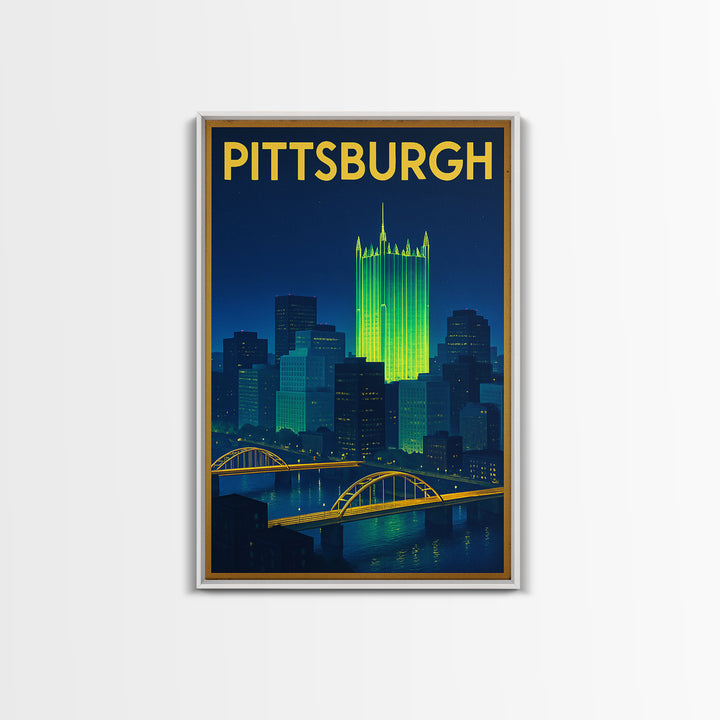 Pittsburgh Travel Poster, Framed Canvas Print, Electric Night Poster Art, Pittsburgh Art Print, Vintage City Poster, Vintage Travel Art