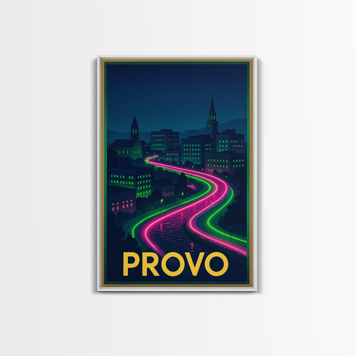 Provo Utah Travel Poster, Canvas Print, Neon Downtown Skyline Wall Art, Provo Wall Art, City Illustration, Gift For Travelers, Wall Art