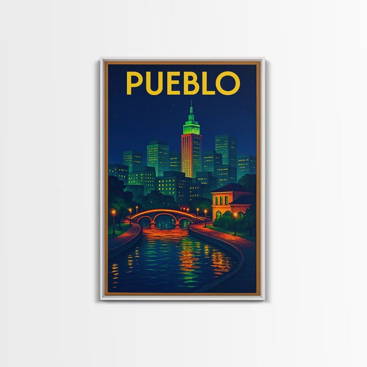 Pueblo Travel Poster, Canvas Print, Retro Neon Travel Art, Pueblo Wall Art, Travel Art Print, Travel Poster Art, Eclectic Wall Decor