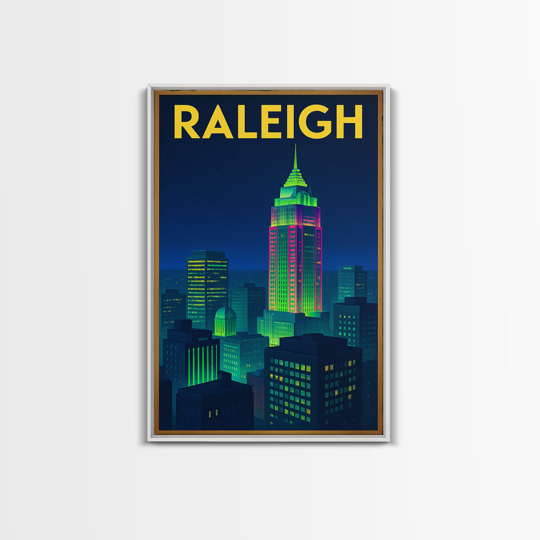 Raleigh Travel Poster, Framed Canvas Print, Retro Neon Travel Art, Raleigh Travel Art, Travel Poster Set, Gift For Travelers, Home Decor