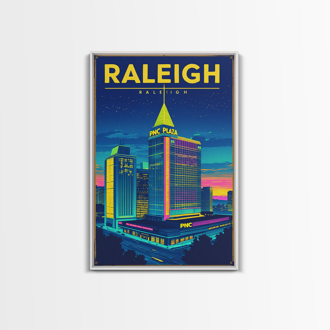 Raleigh Travel Poster, Framed Canvas Print, Electric Night Poster Art, Raleigh Art Print, Vintage Travel Art, City Illustration