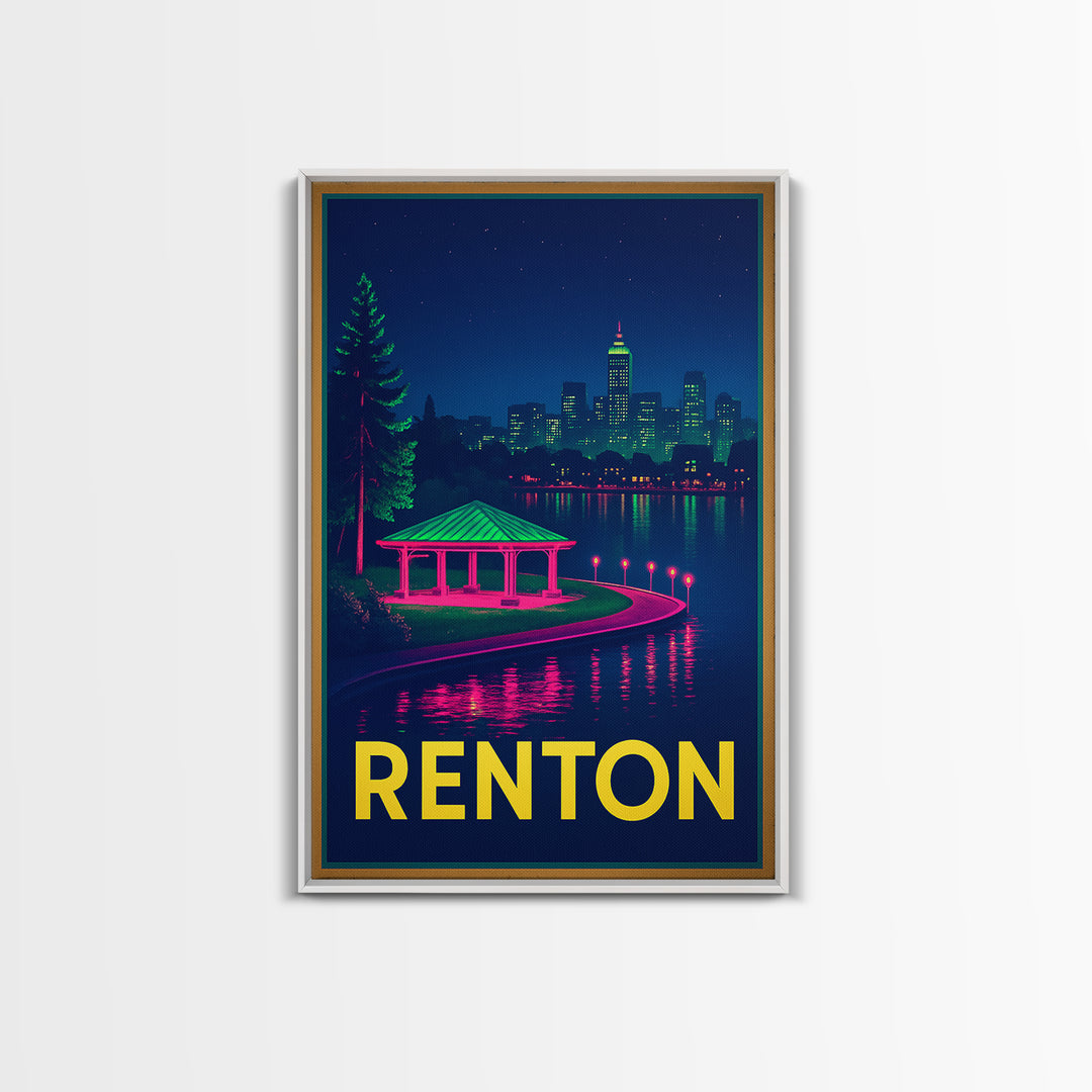 Renton Washington Travel Poster, Canvas Print, Neon Downtown Skyline Wall Art, Renton Travel Art, Travel Prints, Wanderlust Decor, Art Print
