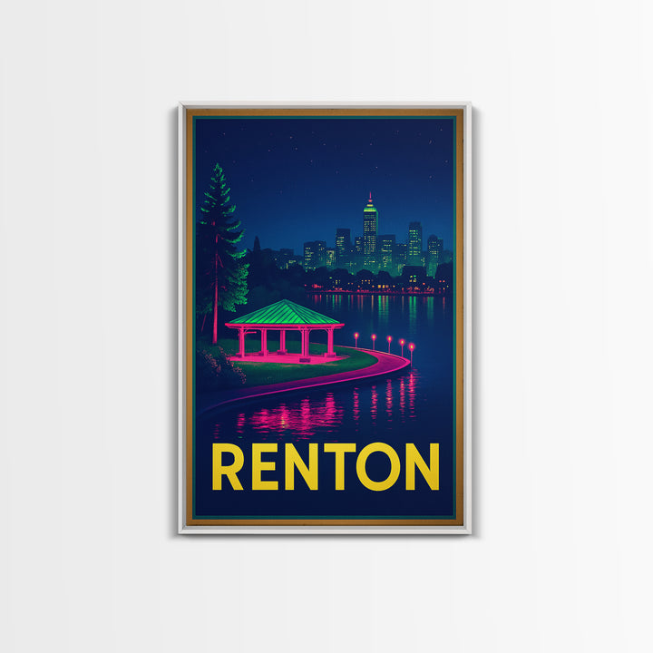 Renton Washington Travel Poster, Canvas Print, Neon Downtown Skyline Wall Art, Renton Travel Art, Travel Prints, Wanderlust Decor, Art Print