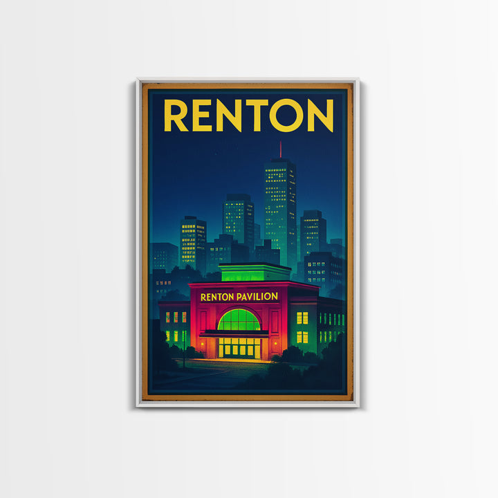 Renton Travel Poster, Canvas Print, Electric Night Poster Art, Renton Art Print, Living Room Wall Art, Vintage City Art, Fine Art Print