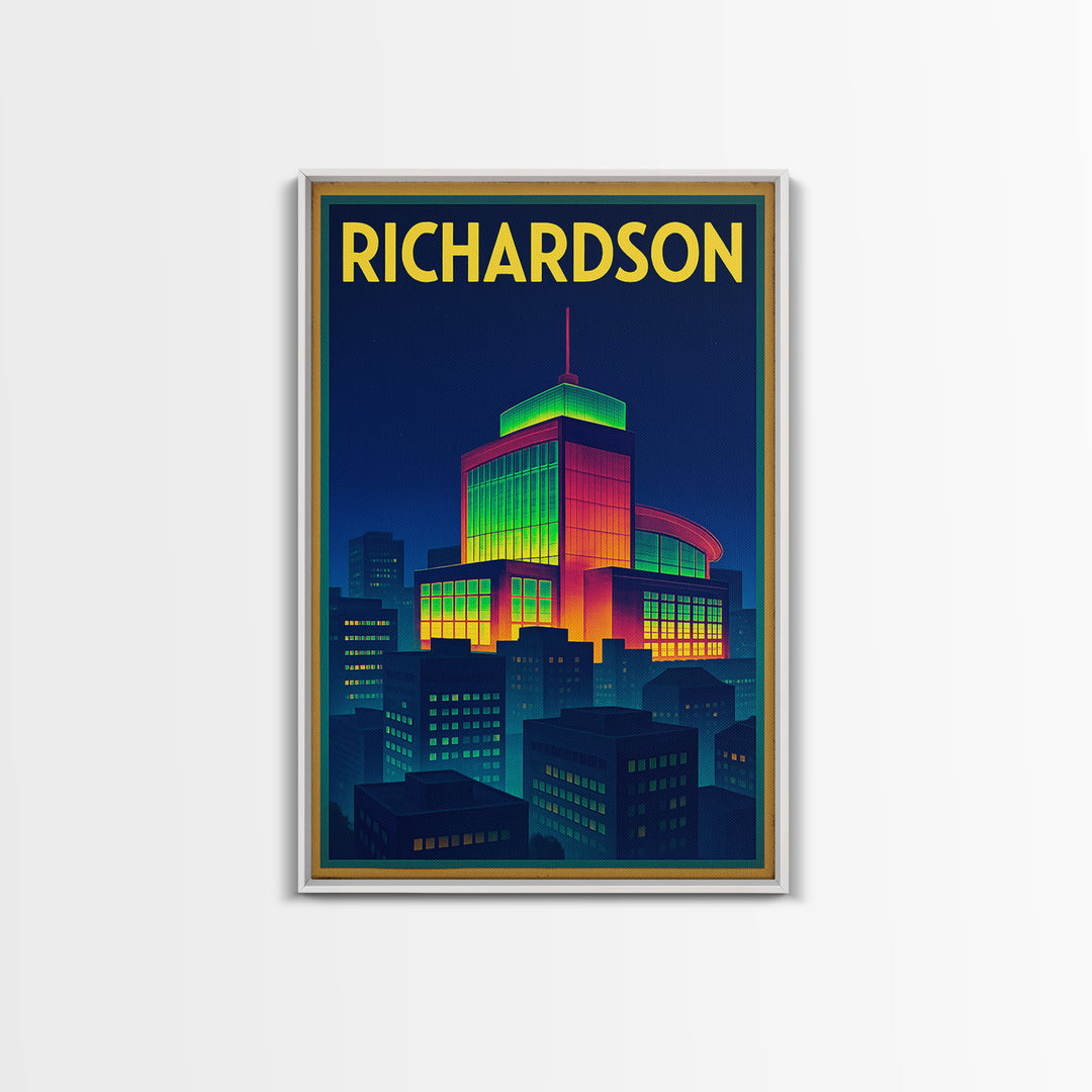 Richardson Travel Poster, Framed Canvas Print, Cyberpunk Style City Art, Richardson Art Print, Travel Wall Art, Eclectic Wall Decor