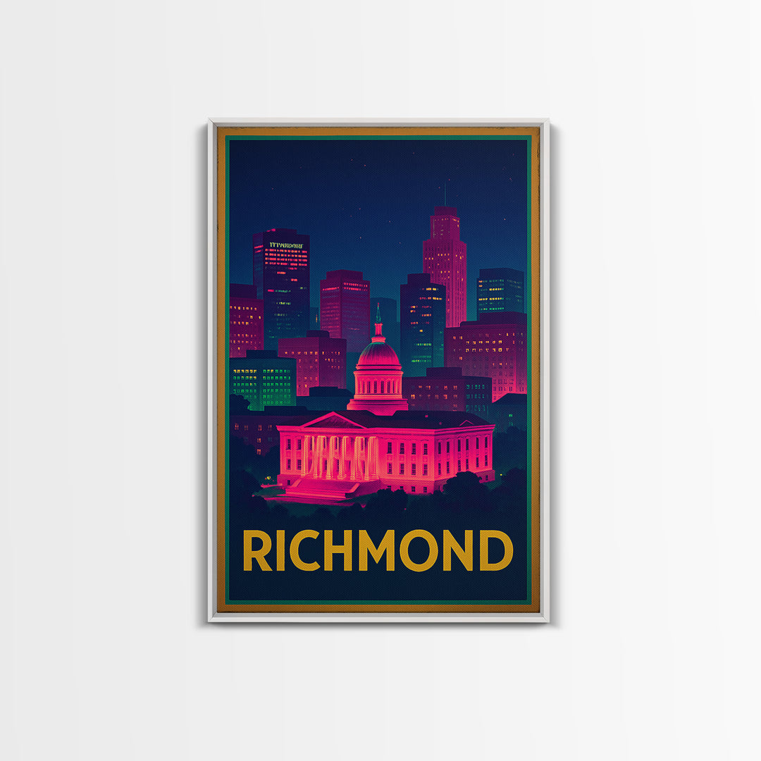Richmond Travel Poster, Canvas Print, Neon Cityscape Wall Art, Richmond Art Print, Travel Wall Decor, Travel Wall Art, City Illustration