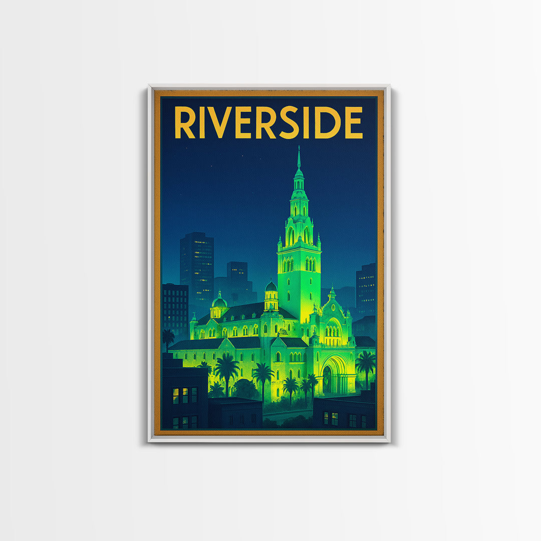 Riverside Travel Poster, Canvas Print, Neon City Skyline Wall Art, Riverside City Art, Living Room Wall Art, Eclectic Wall Decor, Wall Art
