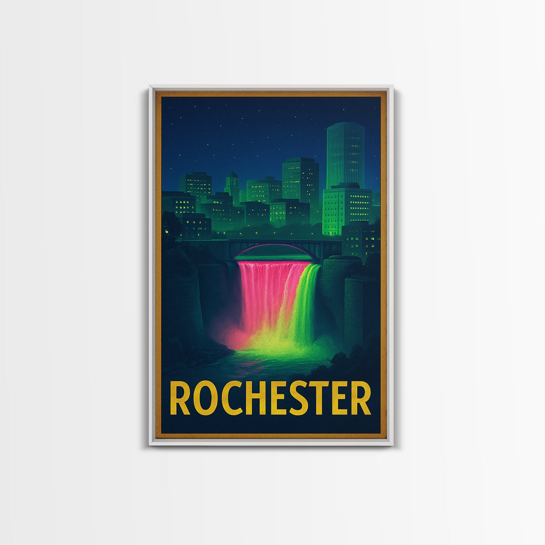 Rochester New York Travel Poster, Framed Canvas Print, Retro Neon Travel Art, Rochester Art Print, Mid Century Wall Art, Eclectic Wall Decor